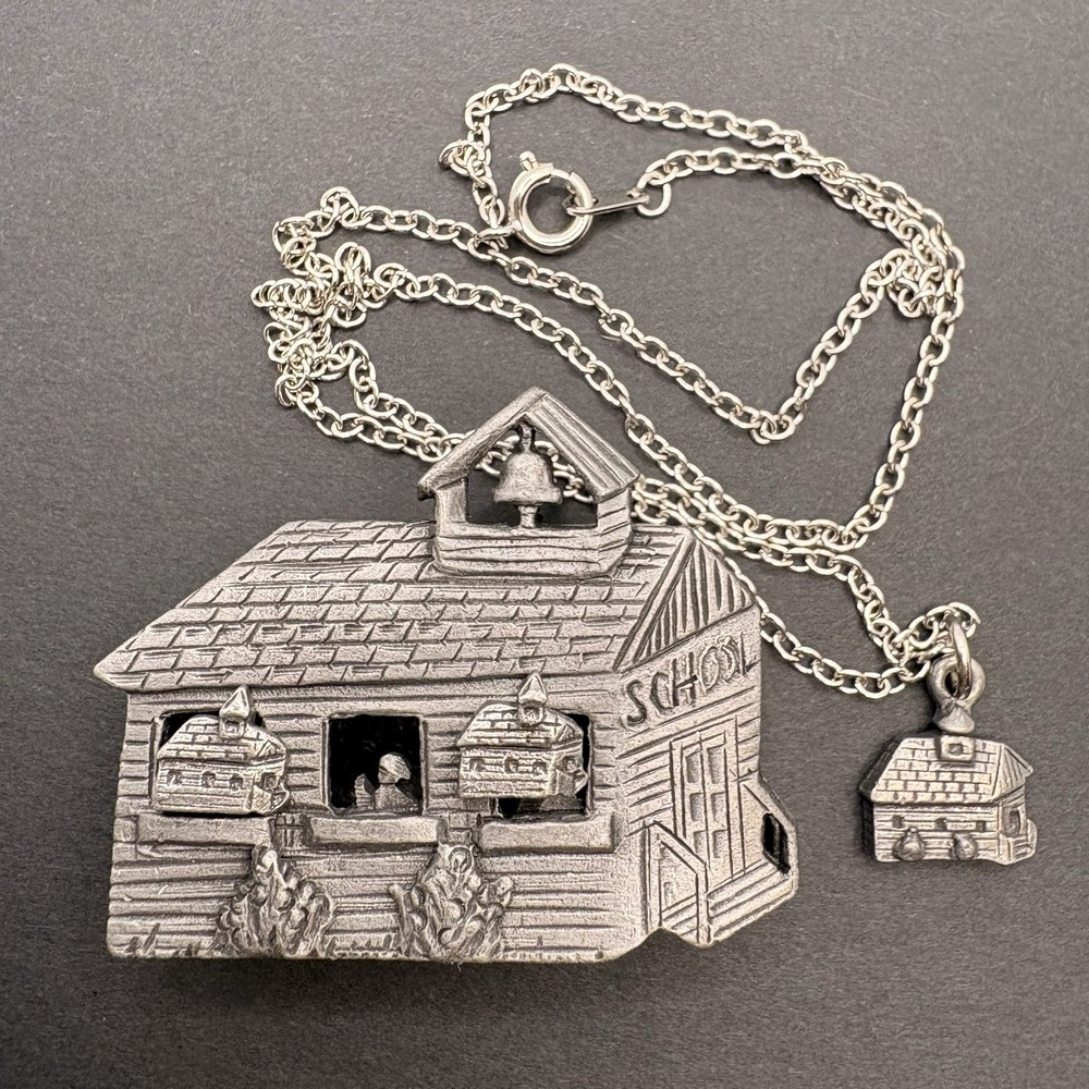 Vintage Torino Pewter Trinket Box Set School Teacher Earrings Brooch Necklace